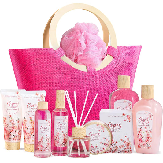 Green Canyon Spa Gifts Baskets for Women 11pcs Cherry Blossom Spa Relaxing Gift Bags Sets with Shower Gel Body Lotion Christmas Birthday Anniversary Gift Baskets for HerMothers Day Gifts