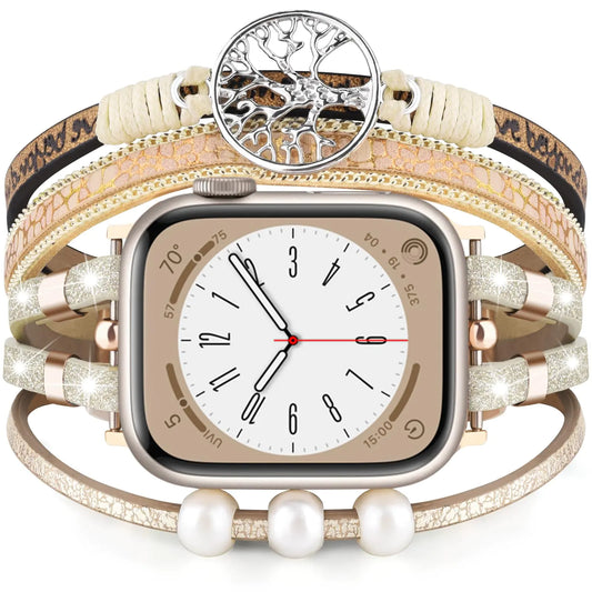 VISOOM Boho Beaded Bracelet For Apple Watch Bands 38mm/40mm/41mm Women Handmade Glitter Leather Fashion Bands for Apple Watch Series 9/8/7/6/5/SE/4/3/2/1 Bling Multilayer Wrap Strap For iPhone Watch