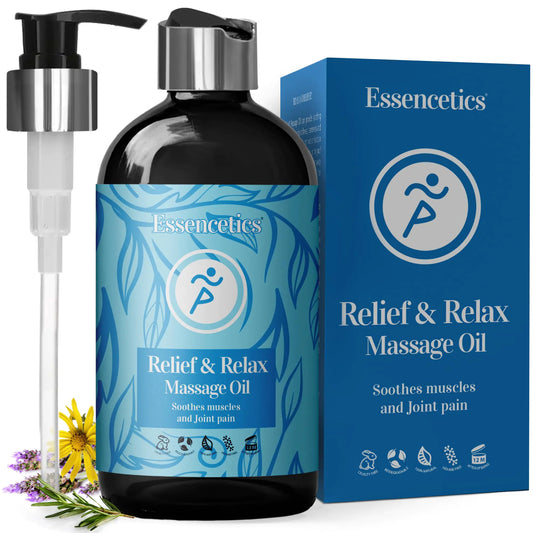 Essencetics 8 oz - Relief & Relax Sore Muscle Massage Oil with 100% Pure Arnica Lavender & Rosemary Oils - Soothes Muscles & Joint with Relaxing Massage Oil for Massage Therapy