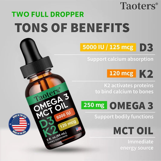 Vitamin D3 K2 Liquid Drops, Vitamin D, K, MCT Oil & Omega 3, Bone, Heart, Joint & Muscle Support Dietary Supplement, Non-GMO