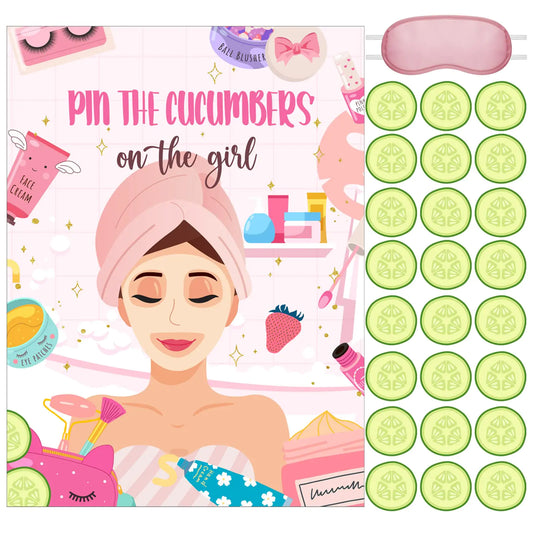 Ireer 38 Pieces Spa Party Games Pin The Cucumbers on The Girl Spa Stickers Poster with Blindfolds Spa Game Makeup Party Decorations for Kids Girl Women Spa Birthday Party Supplies Decorations