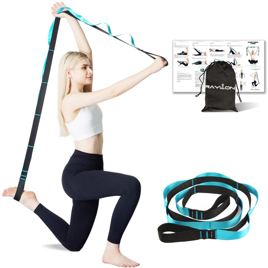 RAYLON Stretching Strap Yoga Strap for Physical Therapy 10 loops 1.6” W x 6.5’ L Pilate Strap for Stretching Non-Elastic Stretch Strap for Exercise Dancing  Leg Stretcher Belt Stretch Band for Women & Men with Exercise Book (Blue)