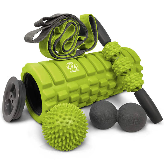 321 STRONG 5 in 1 Foam Roller Set Includes Hollow Core Massage Roller with End Caps Muscle Roller Stick Stretching Strap Double Lacrosse Peanut Spikey Plantar Fasciitis Ball All in Giftable Box