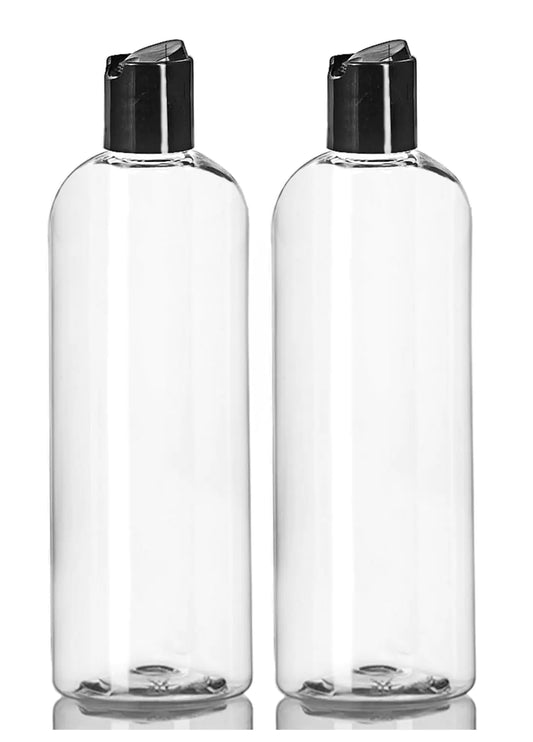 ljdeals 16 oz Clear Plastic Empty Bottles with Black Disc Top Caps Squeezable Refillable Containers for Shampoo Lotions Cream and More Pack of 2 BPA Free Made in USA