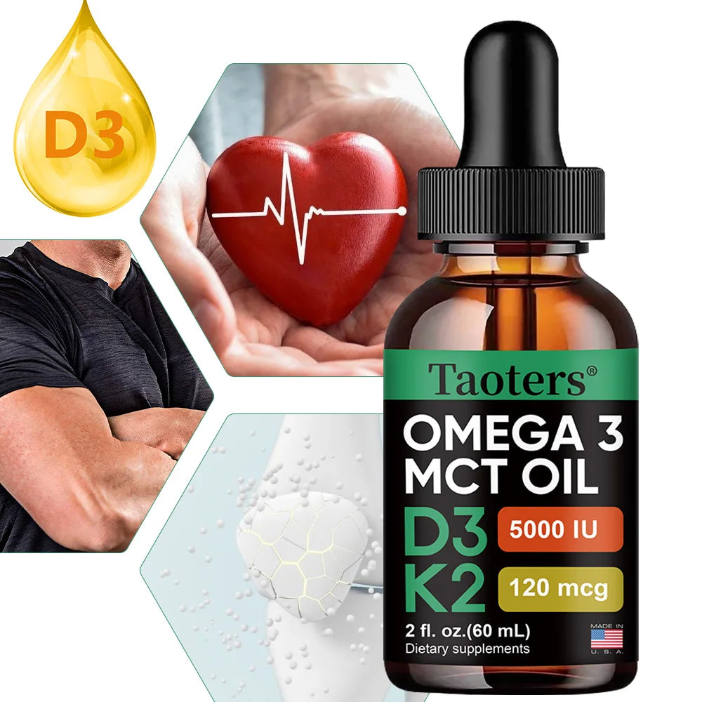 Vitamin D3 K2 Liquid Drops, Vitamin D, K, MCT Oil & Omega 3, Bone, Heart, Joint & Muscle Support Dietary Supplement, Non-GMO