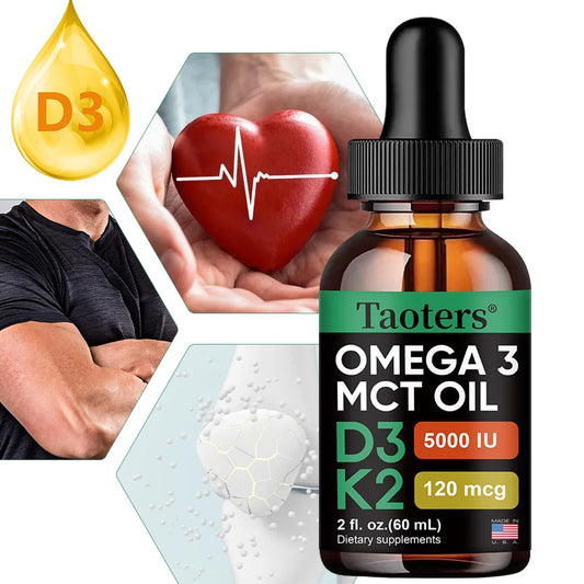 Vitamin D3 K2 Liquid Drops, Vitamin D, K, MCT Oil & Omega 3, Bone, Heart, Joint & Muscle Support Dietary Supplement, Non-GMO