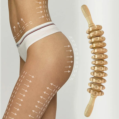 Body Fascia Massager Anti-slip Handle Wood Grooved Gear Arms Legs Thighs Buttocks Smooth Roller Massager for Back Relaxation