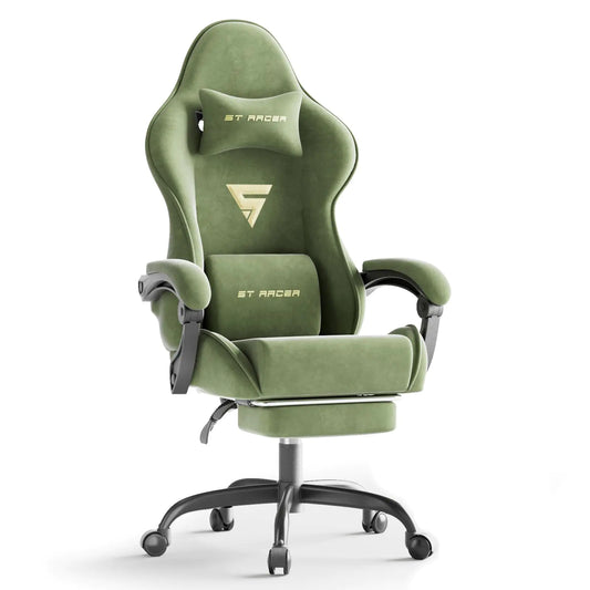 Ferghana Velvet Fabric Ergonomic Gaming Chair with Footrest and Massage High Back Reclining Computer Gamer Chair for Adult Racing Style PC Video Game Chair Suitable for Home Office (Green)