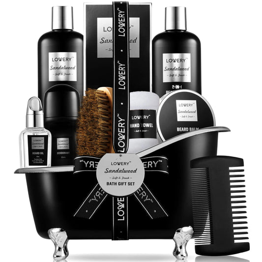 Valentines Beard Kit and Body Care Gifts for Men Sandalwood Spa Gift Baskets Mens Bath and Beard Grooming Kitf or Him Unique Birthday Gifts for Him with Beard Balm Growth Oil Deodorant and More