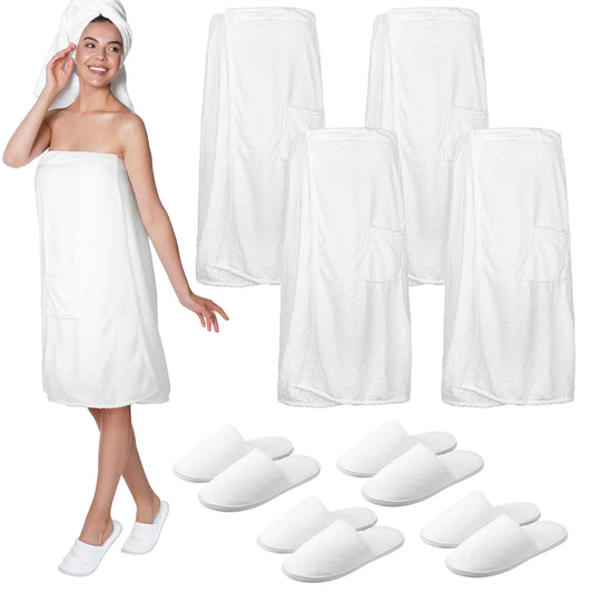 Tigeen 4 Sets Spa Robes for Women Spa Wraps Lightweight Waffle Towel Wrap with Pocket Bath Robe Wrap and Washable Hotel Slippers for Spa Gym Sauna Bath White
