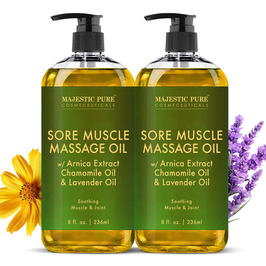 MAJESTIC PURE Arnica Sore Muscle Massage Oil for Massage Therapy - Natural Oil with Lavender and Chamomile Essential Oils - Multipurpose Instant Absorption Full Body Massage Oil - 8 Fl Oz (Pack of 2)